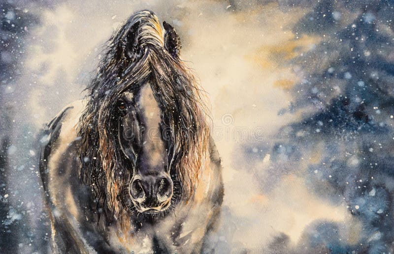 Μαύρα watercolors αλόγων που χρωματίζονται ελεύθερη απεικόνιση δικαιώματος