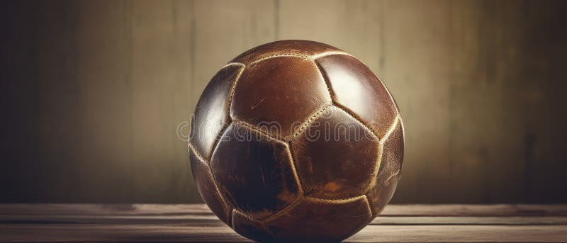 μαύρη δερμάτινη μπάλα ποδοσφαίρου σε ξύλινη επιφάνεια. κοντινή φωτογραφία μιας καστανής μπαλαντέρ ποδοσφαίρου τοποθετημένης σε λεία ξύλινη επιφάνεια. τεχνητό