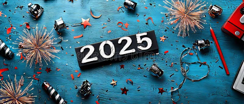 μαύρη πινακίδα που λέει ότι το 2025 περιβάλλεται από πυροτεχνήματα και χαρτοπόλεμο.