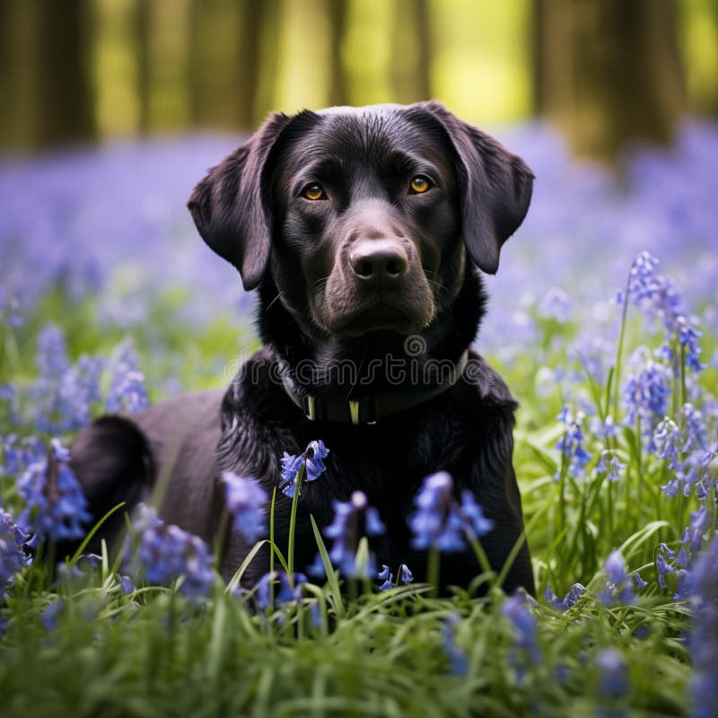μαύρο λαμπραντόρ ανάκτηση στα bluebells διανυσματική απεικόνιση