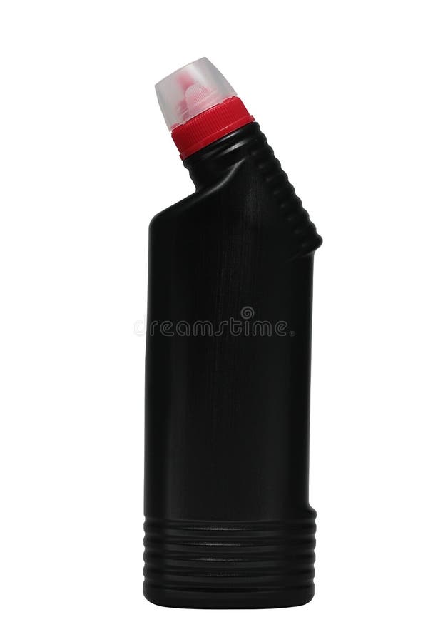 Black bottle of liquid drain cleaner with red cap on isolated white background. Black bottle of liquid drain cleaner with red cap on isolated white background.