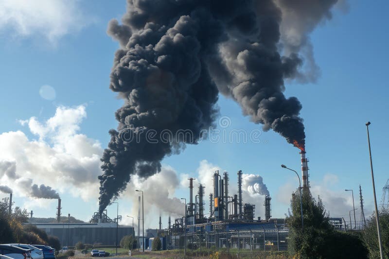 Μαύρος καπνός που κυματίζει από μια βιομηχανική μονάδα δημιουργώντας παχιά σύννεφα μαύρων αναθυμιάσεων στον ουρανό. ελεύθερη απεικόνιση δικαιώματος