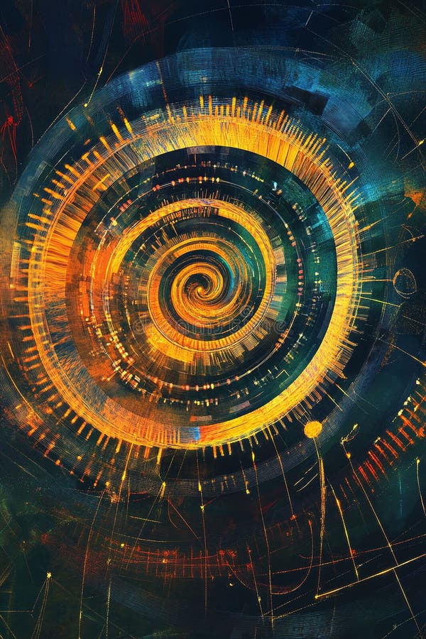 μεγάλη σπείρα fibonacci αποτελούμενη από παλμικούς παλμούς ψηφιακού σήματος με μοτίβα κβαντικής παρεμβολής απεικόνιση αποθεμάτων
