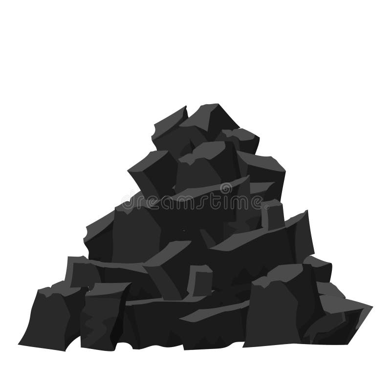 Big pile, stack of coal pieces, charcoal in cartoon style isolated on white background. Black and dark grey colours, detailed drawing. Heavy industry, construction of ore, resource. Vector illustration. Big pile, stack of coal pieces, charcoal in cartoon style isolated on white background. Black and dark grey colours, detailed drawing. Heavy industry, construction of ore, resource. Vector illustration