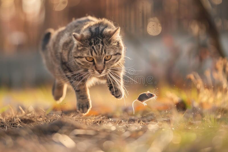 Big fluffy cat chasing a mouse outdoors, blurred nature background. AI generated. Big fluffy cat chasing a mouse outdoors, blurred nature background. AI generated