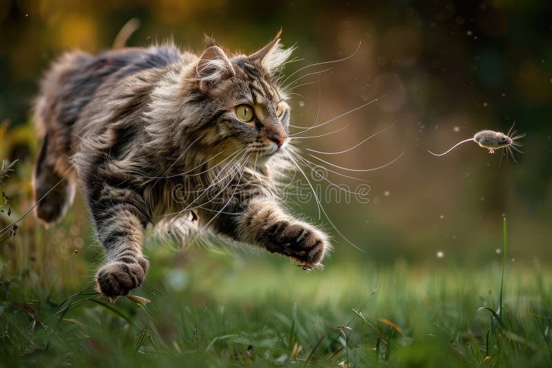 Big fluffy cat chasing a mouse outdoors, blurred nature background. AI generated. Big fluffy cat chasing a mouse outdoors, blurred nature background. AI generated