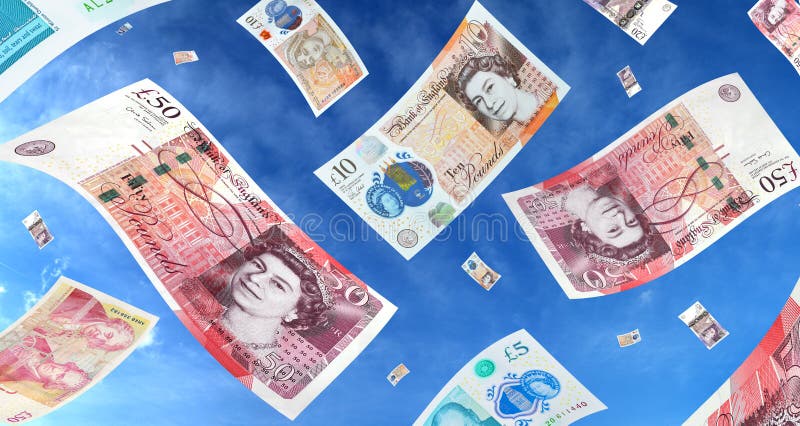 New style british notes raining down from blue sky. New style british notes raining down from blue sky