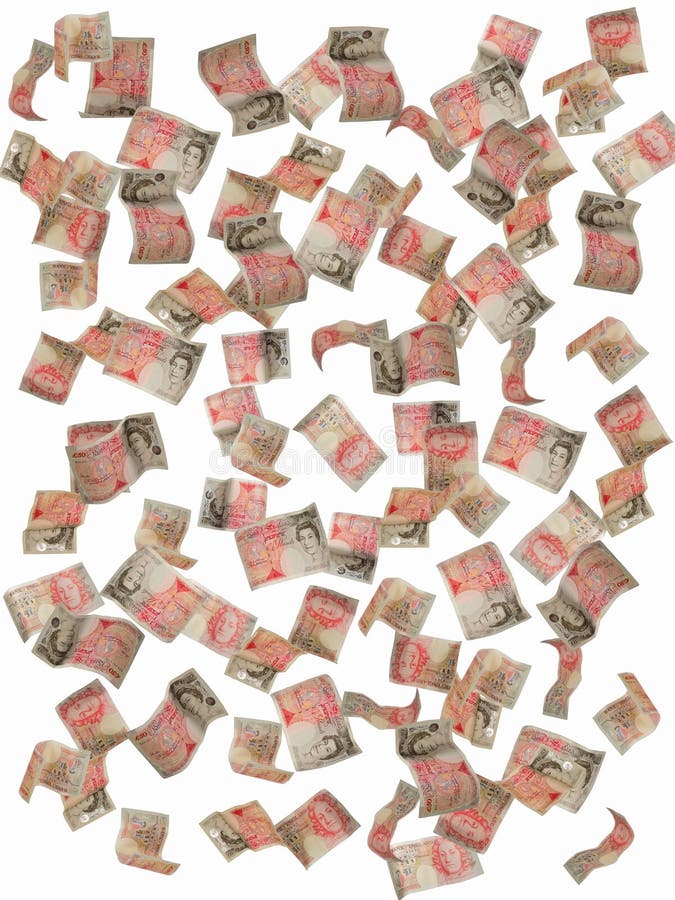 Uk stirling fifty pound notes falling isolated on white. Uk stirling fifty pound notes falling isolated on white