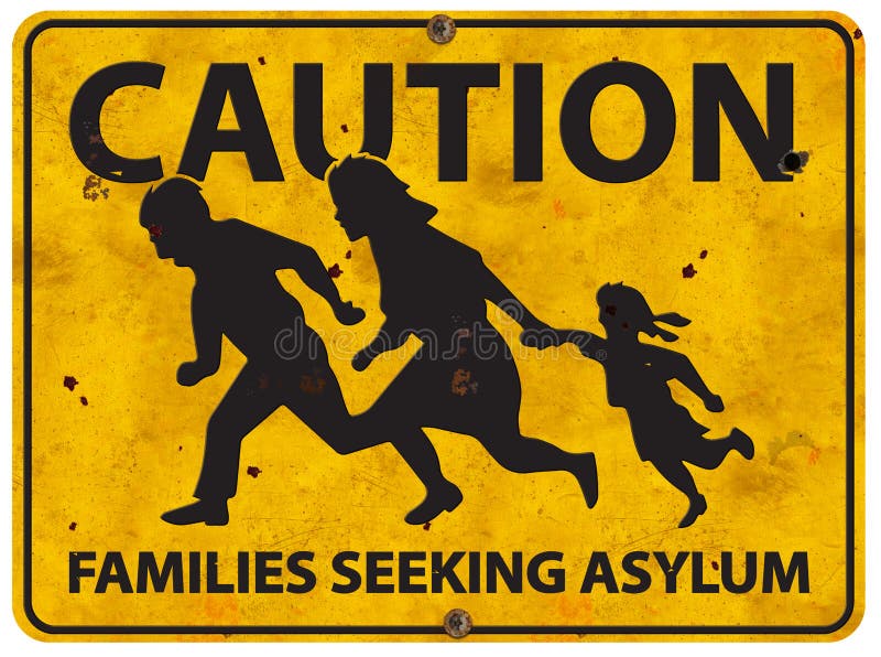 Mexican Border Family Running Asylum Sign Caution Mexico grunge highway warning immigration customs patrol migration. Mexican Border Family Running Asylum Sign Caution Mexico grunge highway warning immigration customs patrol migration