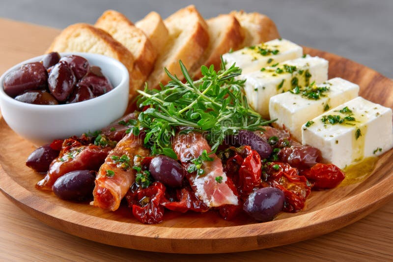 Μεσογειακή πιατέλα ορεκτικό με τυρί prosciutto feta τυριά ηλιοξηρές ντομάτες και ελιές που απολαμβάνουν ξύλινο τραπέζι διανυσματική απεικόνιση