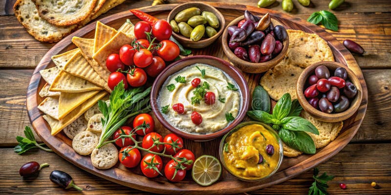 Μεσογειακή συσκευή ορεκτικό με κράκερ ελιών χούμους και ντομάτες κεράσι. Γεννητική τεχνητή νοημοσύνη ελεύθερη απεικόνιση δικαιώματος