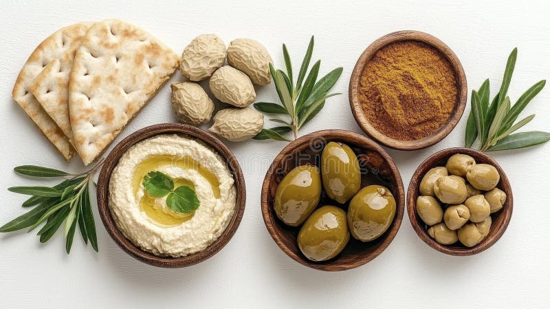 Μεσογειακή συσκευή ορεκτικό με χούμους και ελιές ελεύθερη απεικόνιση δικαιώματος