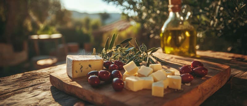 Μεσογειακό ορεκτικό με κύβους τυριού και ελαιόλαδο πάνω σε σκουριές ξύλινες σανίδες διανυσματική απεικόνιση