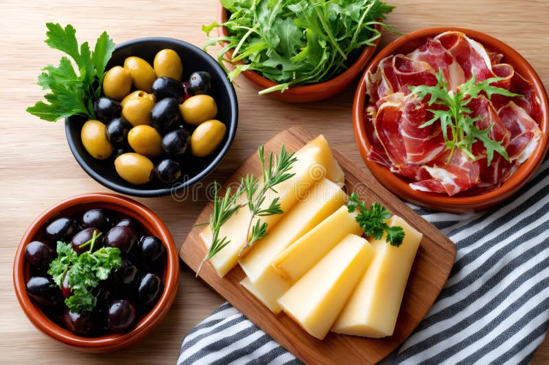 Μεσογειακό ορεκτικό με φέτες τυριού prosciutto μαύρες και πράσινες ελιές και αρούγγια ελεύθερη απεικόνιση δικαιώματος
