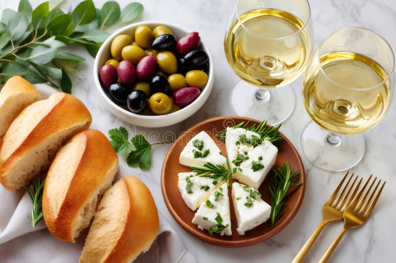 Μεσογειακό ορεκτικό με φρέσκα τυριά κατσίκα ψωμί και λευκό κρασί που απολαμβάνει γεύμα γκουρμέ διανυσματική απεικόνιση