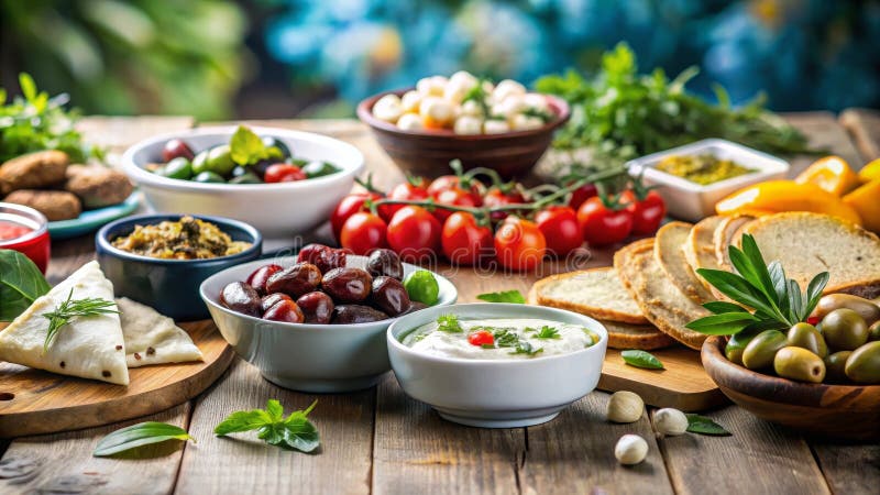 Μεσογειακό ορεκτικό πιατάκι ένα στιβαρό τραπέζι με τυρόψωμο ελιών και διάφορες βούτες για ένα πεντανόστιμο γεύμα. διανυσματική απεικόνιση