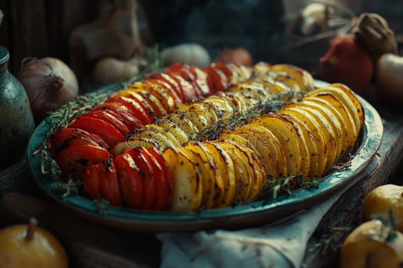 μεσογειακό στυλ με επίπεδα ratatouille με φρυγμένες ντομάτες zucchini και μελιτζάνες ψημένες σε κεραμικό πιάτο με φρέσκο απεικόνιση αποθεμάτων