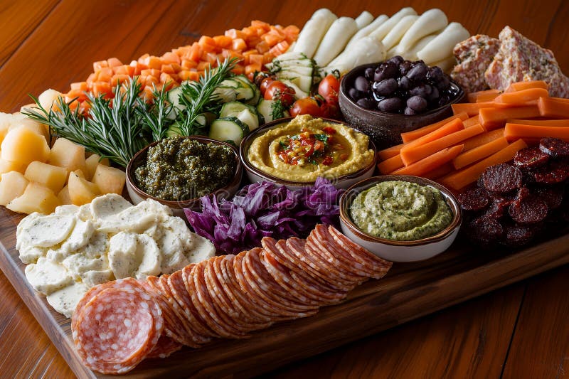 μεσογειακός οπτικός δίσκος πεντανόστιμο hummus pesto salami και μενού βουητό φρέσκων λαχανικών απεικόνιση αποθεμάτων