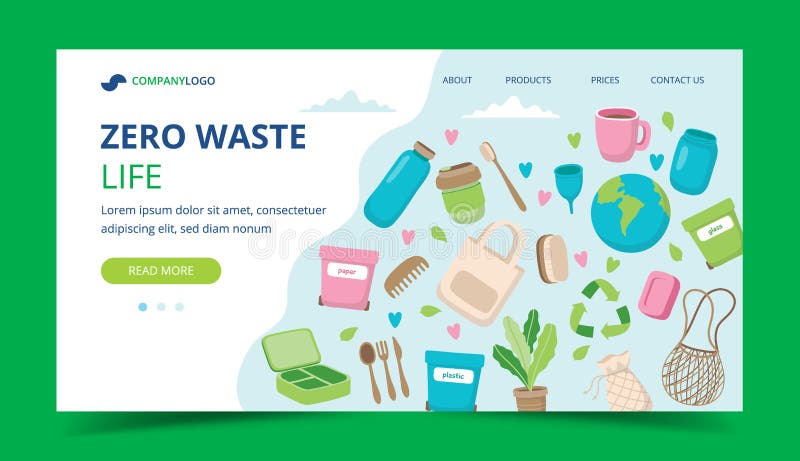 Zero waste landing page with ecological elements - waste sorting, reusable cups, cotton shopping bag, toiletries. Concept vector illustration. Zero waste landing page with ecological elements - waste sorting, reusable cups, cotton shopping bag, toiletries. Concept vector illustration