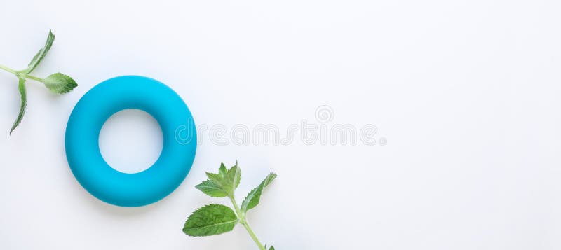 Μηές θερμίδες και μηδέν minimalistic υπόβαθρο έννοιας αποβλήτων Μπλε δακτύλιο και φρέσκα πράσινα φύλλα μεντών στο άσπρο υπόβαθρο στοκ εικόνα με δικαίωμα ελεύθερης χρήσης Μηές θερμίδες και μηδέν minimalistic υπόβαθρο έννοιας αποβλήτων Μπλε δακτύλιο και φρέσκα πράσινα φύλλα μεντών στο άσπρο υπόβαθρο στοκ εικόνα με δικαίωμα ελεύθερης χρήσης
