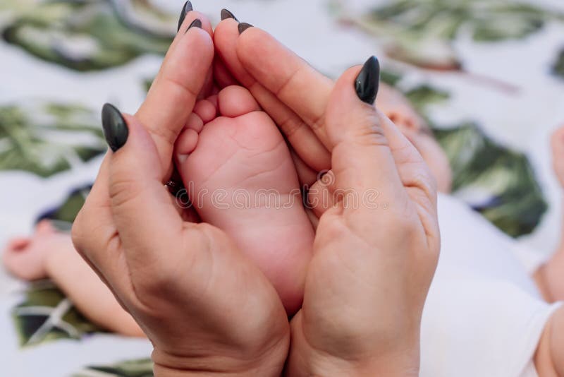 μητέρα γυναίκα χέρια τρυφερά κρατώντας το πόδι του βρέφους της και σημαδεύοντάς το στην κάμερα στοκ φωτογραφία με δικαίωμα ελεύθερης χρήσης