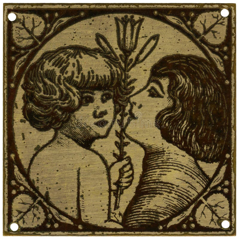 Mother and child with lily - vintage metal decoration - grainy surface. Mother and child with lily - vintage metal decoration - grainy surface