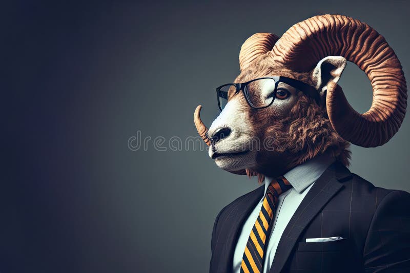 An Anthropomorphic Goat Dressed up as Cool Business Man in Suit and with glasses in the background AI generated. An Anthropomorphic Goat Dressed up as Cool Business Man in Suit and with glasses in the background AI generated