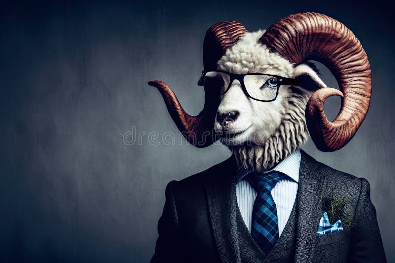 An Anthropomorphic Goat Dressed up as Cool Business Man in Suit and with glasses in the background AI generated. An Anthropomorphic Goat Dressed up as Cool Business Man in Suit and with glasses in the background AI generated