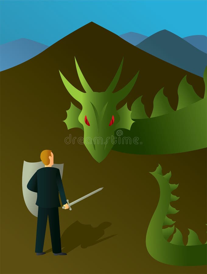 An illustration of the common American cliche to slay the dragon which means go to work. An illustration of the common American cliche to slay the dragon which means go to work.