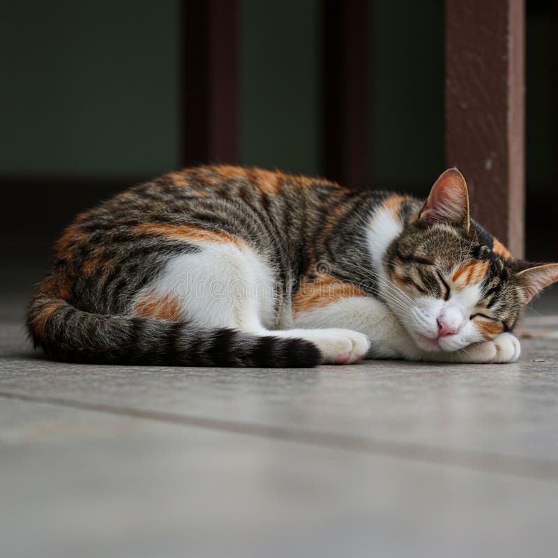 Μια γάτα Felis Catus με μαύρο πορτοκαλί και λευκό τρίχωμα κοιμάται διανυσματική απεικόνιση