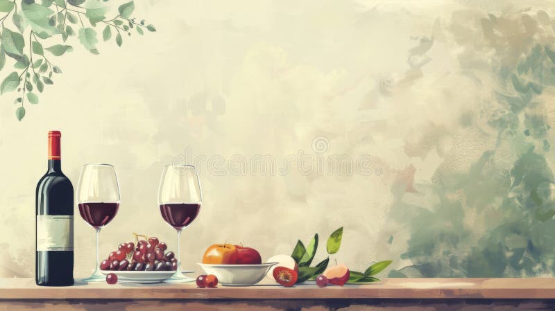 Μια γαλήνια ακόμα ζωγραφιά με ένα μπουκάλι κόκκινα ποτήρια κρασιού και μια συλλογή φρέσκων φρούτων σε ένα τραπέζι απεικόνιση αποθεμάτων