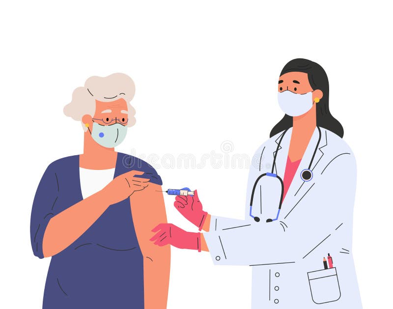 μια γυναίκα γιατρός κάνει εμβόλιο σε ηλικιωμένο ασθενή. διανυσματική απεικόνιση