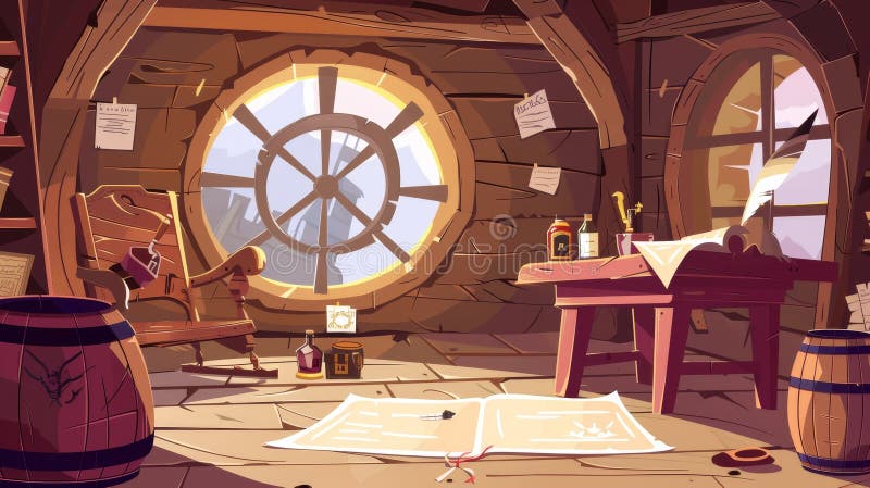 A pirate captain&#x27;s cabin on a ship. Wooden room interior, a stool, barrel, bottle of rum, treasure chest, spyglass, and window, all with corsair stuff. Cartoon modern illustration of a table with a. AI generated. A pirate captain&#x27;s cabin on a ship. Wooden room interior, a stool, barrel, bottle of rum, treasure chest, spyglass, and window, all with corsair stuff. Cartoon modern illustration of a table with a. AI generated