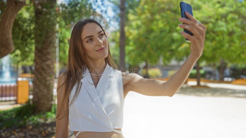 Μια νέα όμορφη γυναίκα βγάζει μια σέλφι έξω σε ένα αστικό πάρκο στοκ φωτογραφία