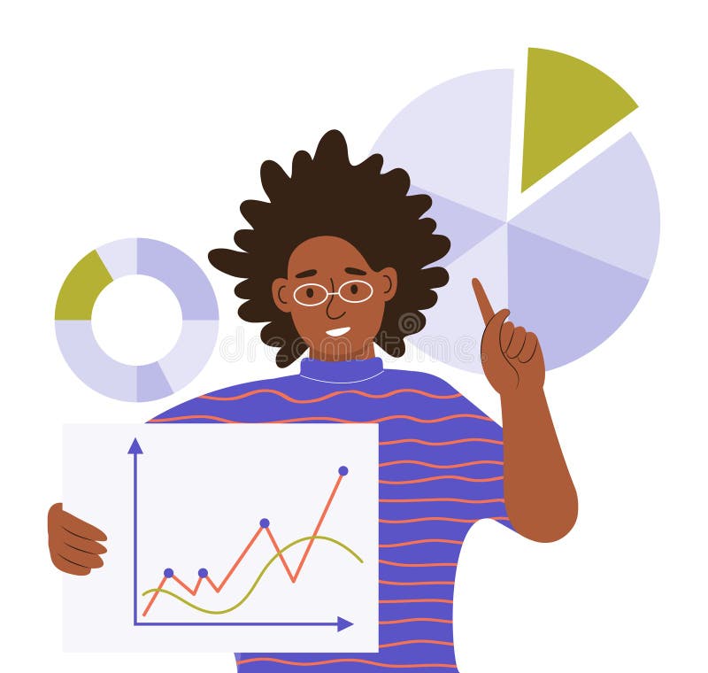 A young black woman shows work schedules and diagrams. Working with big data, analyzing and auditing business processes. Analytics, management and multitasking. Color flat vector illustration. A young black woman shows work schedules and diagrams. Working with big data, analyzing and auditing business processes. Analytics, management and multitasking. Color flat vector illustration