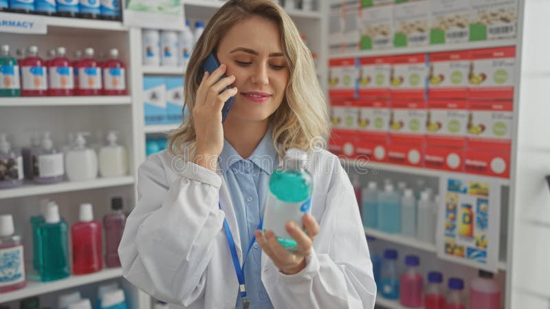 μια ξανθιά γυναίκα φαρμακοποιός εξετάζει φάρμακα ενώ μιλάει στο τηλέφωνο σε φαρμακείο στοκ εικόνα