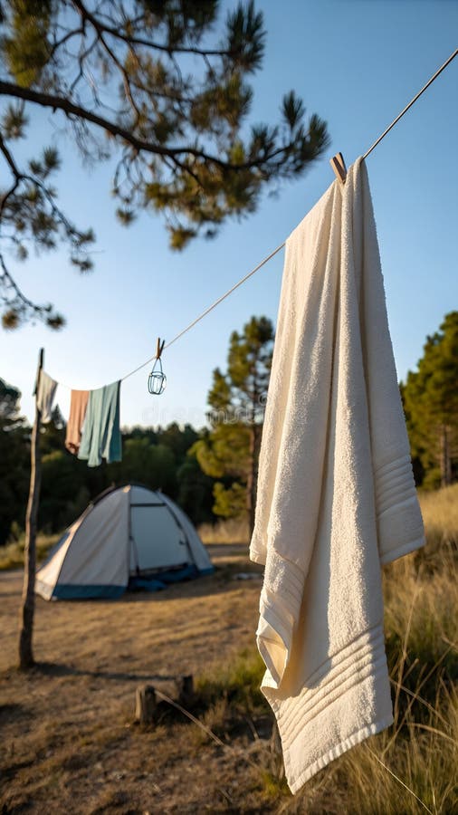 Μια οργανική βαμβακερή πετσέτα κρεμασμένη σε ένα μινιμαλιστικό ύφασμα δίπλα σε μια γραφική κατασκήνωση Το απαλά φωτισμένο απεικόνιση αποθεμάτων