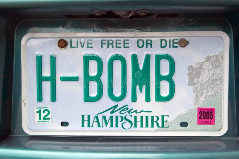 A New Hampshire license plate reads H-BOMB. A New Hampshire license plate reads H-BOMB