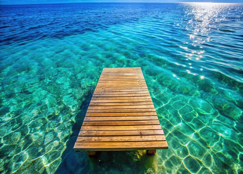 Μια πολυτελής πλωτή πλατφόρμα Serene Summer Getaway περιμένει σε μια κρυστάλλινη-καθαρή τροπική λίμνη απεικόνιση αποθεμάτων