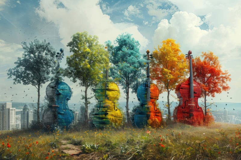 A row of colorful violins placed on top of trees in a meadow under a cloudy sky, creating a unique natural landscape blending music with nature AI generated. A row of colorful violins placed on top of trees in a meadow under a cloudy sky, creating a unique natural landscape blending music with nature AI generated