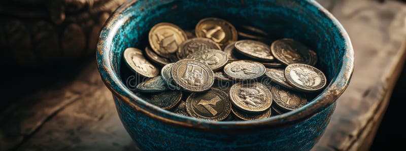 μια στεφάνη ρωμαϊκών κερμάτων τοποθετημένη σε σκούρο ξύλινο τραπέζι αρχαίο νόμισμα σε παλαιό κεραμικό δοχείο τοποθετημένο σε φαρδύ στοκ εικόνα