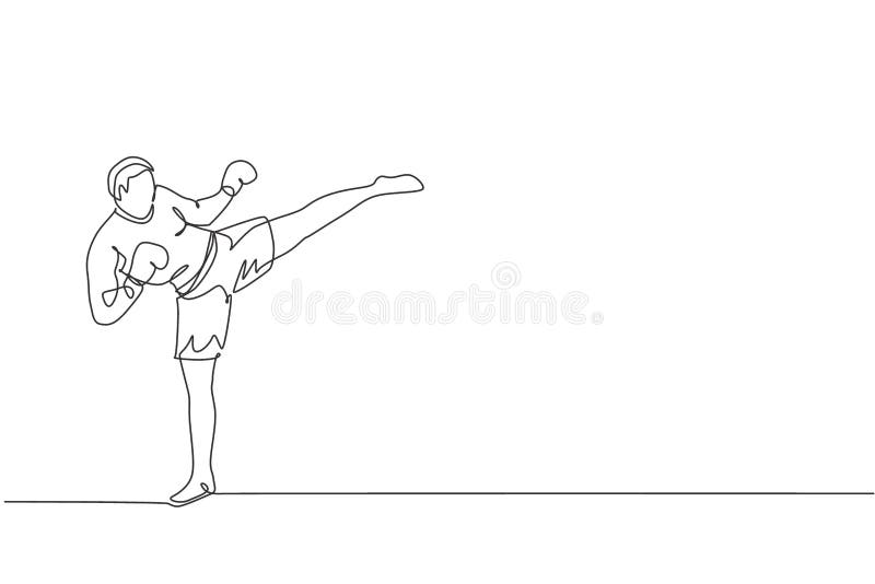 μια συνεχής σχεδίαση γραμμής αθλητή kickboxer αθλήτρια ισχυρή θέση κλωτσιάς στο γυμναστήριο. συνδυασμός απεικόνιση αποθεμάτων