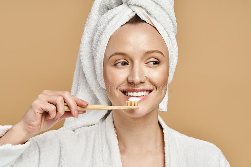 A beautiful woman with a towel wrapped around her head brushing her teeth in a lively and natural pose, stock photo. A beautiful woman with a towel wrapped around her head brushing her teeth in a lively and natural pose, stock photo