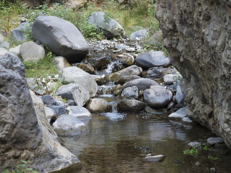μικρή ροή νερού στο φαράγγι του barranco de las angustias στο μονοπάτι πεζοπορίας caldera de taburiente la palma στοκ εικόνα