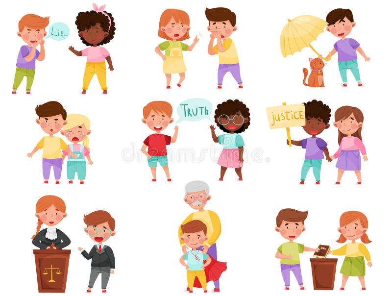 Little Kid Characters Playing Fair and Honestly Vector Illustration Set. Boys and Girls Demonstrating Honest Behavior and Morality Concept. Little Kid Characters Playing Fair and Honestly Vector Illustration Set. Boys and Girls Demonstrating Honest Behavior and Morality Concept