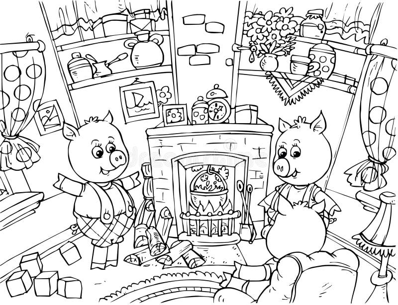 Black-and-white illustration (coloring page): three little piglets converse in their front room (fairy-tale Three Little Pigs). Black-and-white illustration (coloring page): three little piglets converse in their front room (fairy-tale Three Little Pigs)