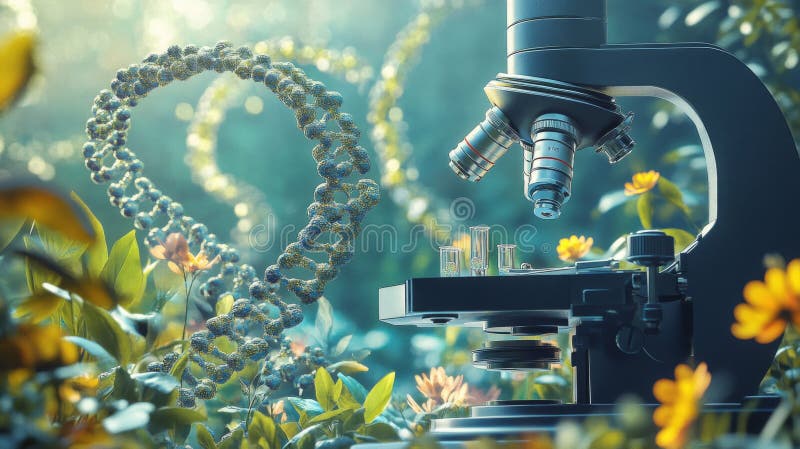 Μικροσκόπιο και DNA Διπλή έλικα σε ζωντανή ρύθμιση με άνθη. Τεχνητό τεχνητό