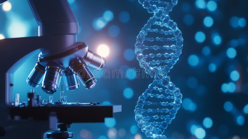 Μικροσκόπιο και λαμπερό DNA Διπλή έλικα σε μπλε απεικόνιση αποθεμάτων