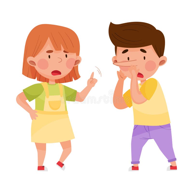 Little Boy Telling Lie to His Agemate Girl Vector Illustration. Kids Demonstrating Honest Behavior and Morality Concept. Little Boy Telling Lie to His Agemate Girl Vector Illustration. Kids Demonstrating Honest Behavior and Morality Concept