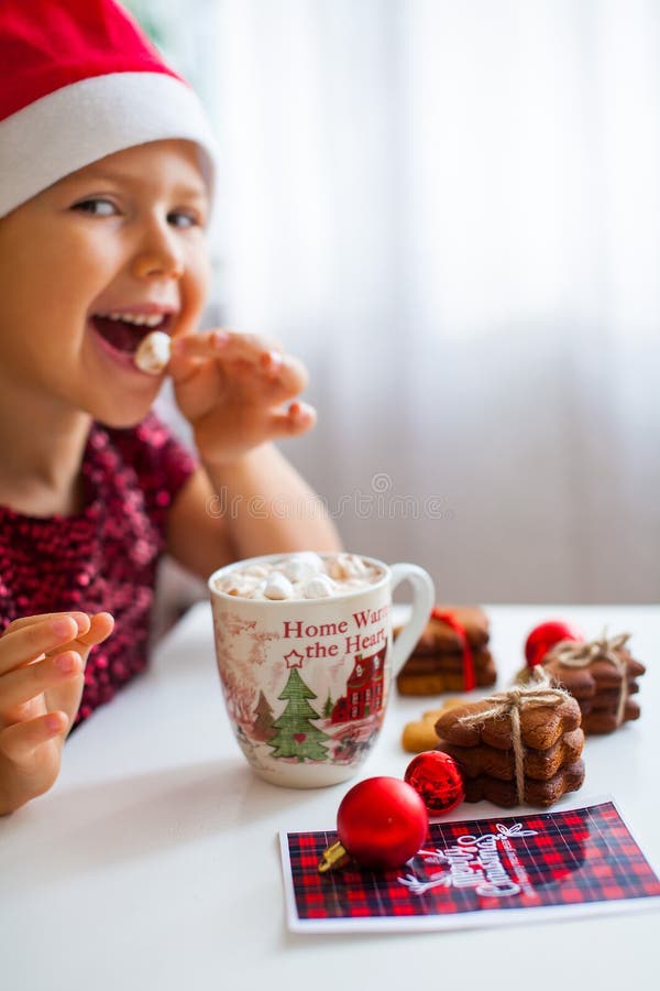 Μικρό κορίτσι στο καπέλο Santa που τρώει marshmallow από την κούπα με το κακάο και τα μπισκότα, εύθυμο Cristmas στοκ φωτογραφία Μικρό κορίτσι στο καπέλο Santa που τρώει marshmallow από την κούπα με το κακάο και τα μπισκότα, εύθυμο Cristmas στοκ φωτογραφία